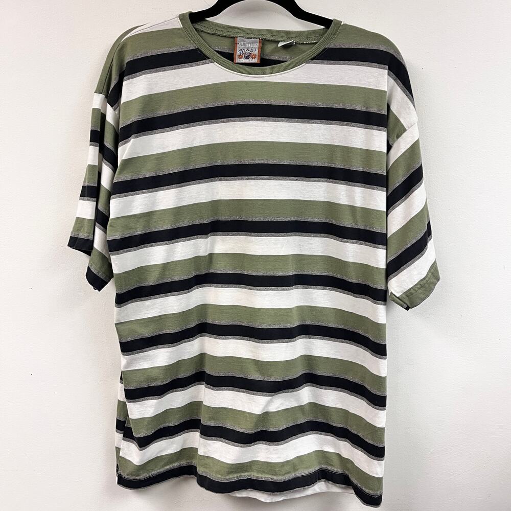 Men's Seattle Cotton Works 90's Striped Crew Neck tee Green Black 100% Cotton L